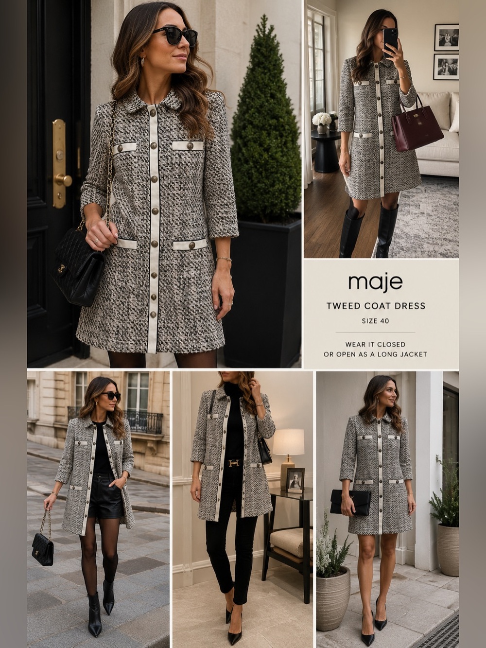 Maje Metallic Tweed Long Jacket Coat Dress Size 40